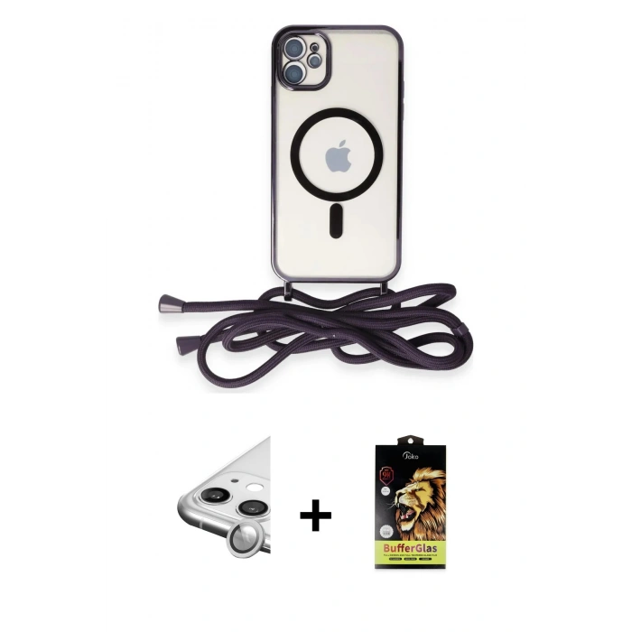 MARSİLYAN™- iPhone 11 Kılıf Eksen Özel Seri - Siyah Buffer Cam Ekran Koruyucu + Raze Metal Kamera Lens - GS