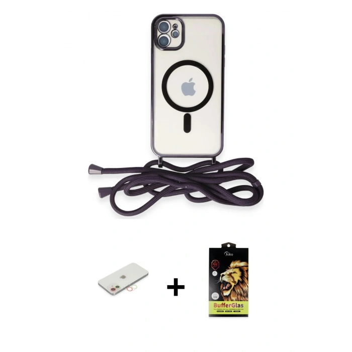 MARSİLYAN™- iPhone 11 Kılıf Eksen Özel Seri - Siyah Buffer Cam Ekran Koruyucu + Renkli Kamera Lens Koruma Cam - YL