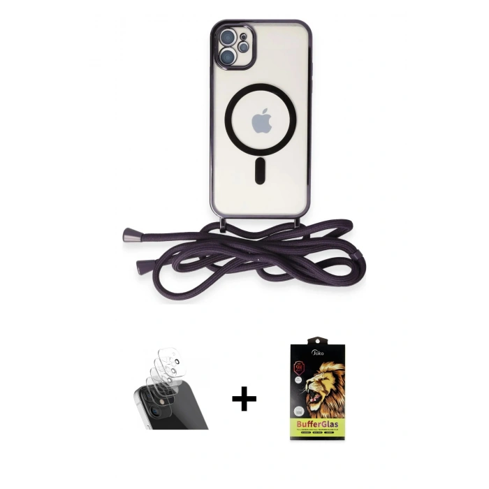 MARSİLYAN™- iPhone 11 Kılıf Eksen Özel Seri - Siyah Buffer Cam Ekran Koruyucu + Şeffaf Kamera Lens Koruma Cam