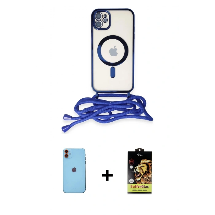 MARSİLYAN™- iPhone 11 Kılıf Eksen Özel Seri - Siyah Buffer Cam Ekran Koruyucu + Turuncu Neon Fosforlu Kamera Lens