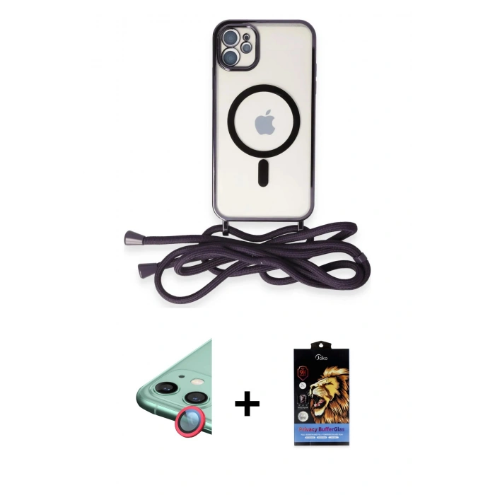 MARSİLYAN™- iPhone 11 Kılıf Eksen Özel Seri - Siyah Buffer Hayalet Cam Ekran Koruyucu + Raze Metal Kamera Lens - KI
