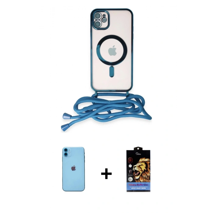 MARSİLYAN™- iPhone 11 Kılıf Eksen Özel Seri - Siyah Buffer Hayalet Cam Ekran Koruyucu + Neon Fosforlu Kamera Lens - MI