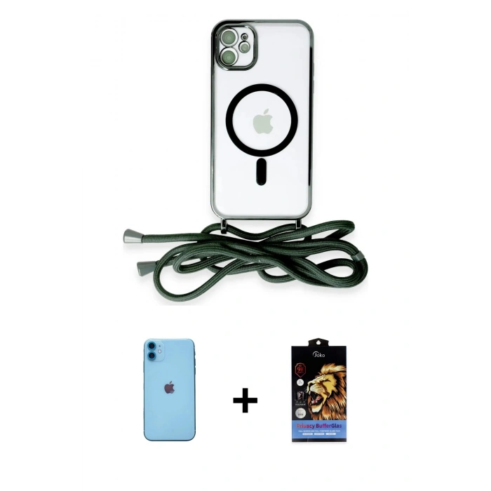 MARSİLYAN™- iPhone 11 Kılıf Eksen Özel Seri - Siyah Buffer Hayalet Cam Ekran Koruyucu + Neon Fosforlu Kamera Lens - MI