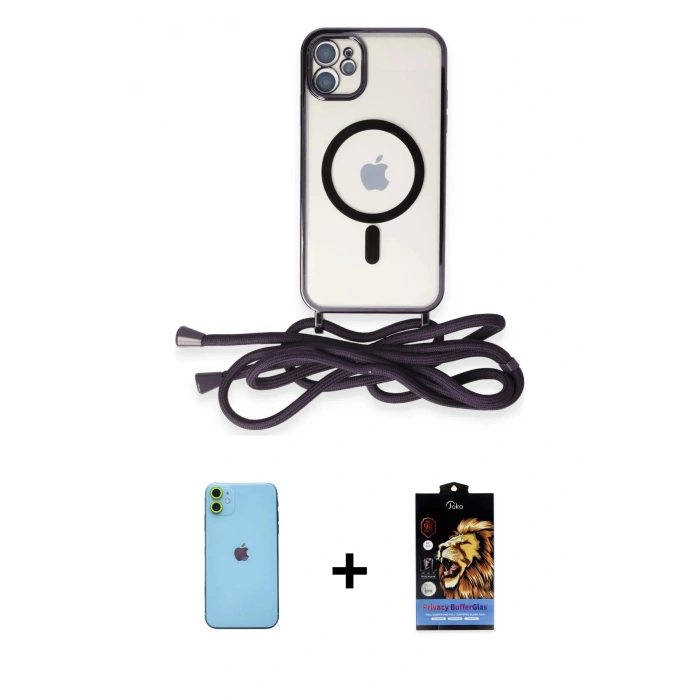 MARSİLYAN™- iPhone 11 Kılıf Eksen Özel Seri - Siyah Buffer Hayalet Cam Ekran Koruyucu + Neon Fosforlu Kamera Lens - YL