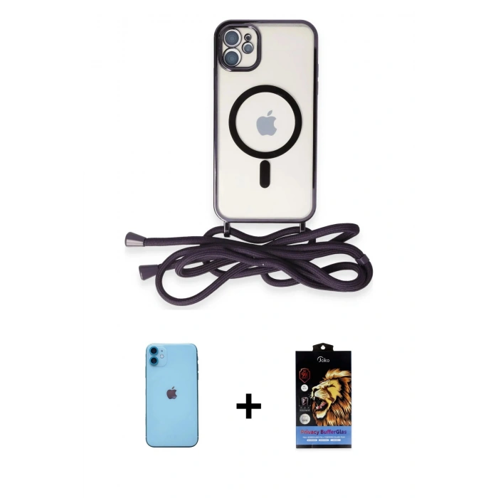 MARSİLYAN™- iPhone 11 Kılıf Eksen Özel Seri - Siyah Buffer Hayalet Cam Ekran Koruyucu + Neon Fosforlu Kamera Lens - MI