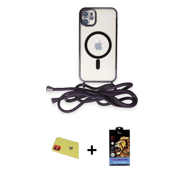 MARSİLYAN™- iPhone 11 Kılıf Eksen Özel Seri - Siyah Buffer Hayalet Cam Ekran Koruyucu + Rainbow Kamera Lens Koruma Cam - KI