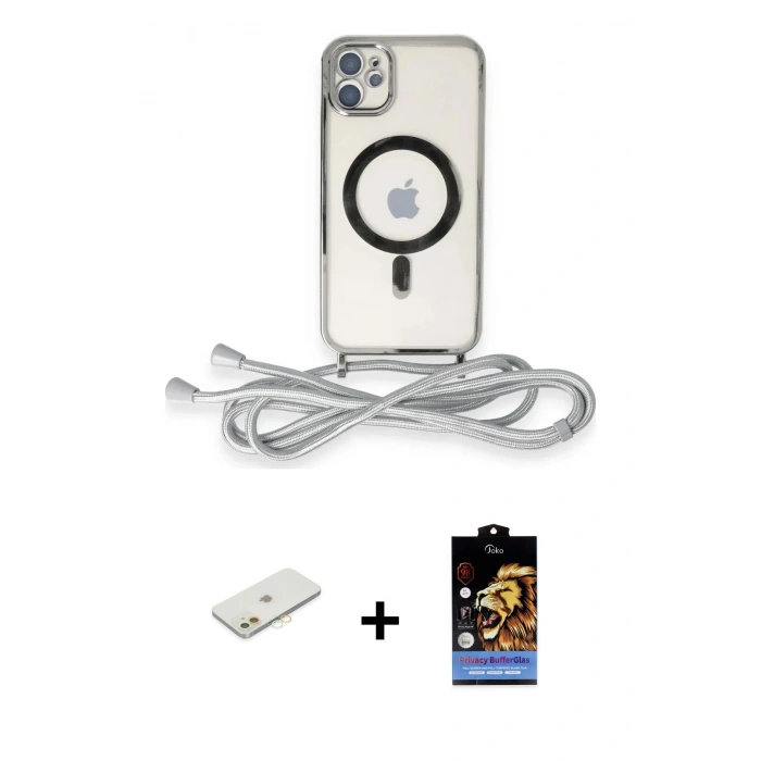 MARSİLYAN™- iPhone 11 Kılıf Eksen Özel Seri - Siyah Buffer Hayalet Cam Ekran Koruyucu + Turuncu Renkli Kamera Lens Koruma Cam