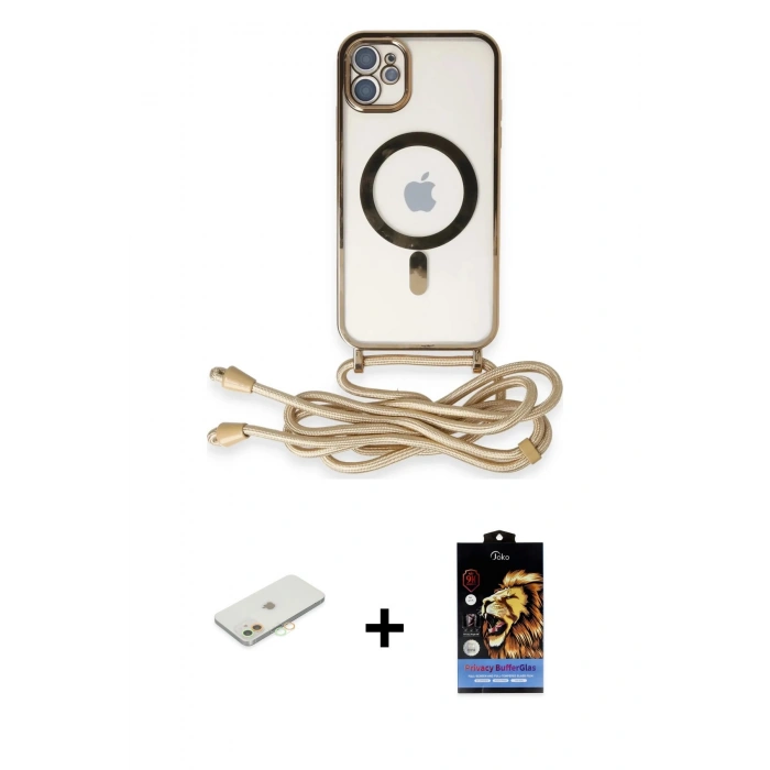 MARSİLYAN™- iPhone 11 Kılıf Eksen Özel Seri - Siyah Buffer Hayalet Cam Ekran Koruyucu + Turuncu Renkli Kamera Lens Koruma Cam