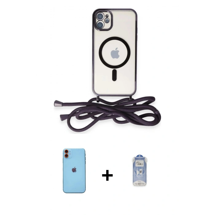 MARSİLYAN™- iPhone 11 Kılıf Eksen Özel Seri - Siyah Joko Magic 5D Cam + Neon Fosforlu Kamera Lens - TU