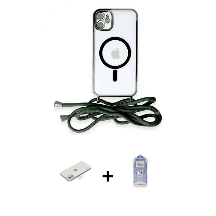 MARSİLYAN™- iPhone 11 Kılıf Eksen Özel Seri - Siyah Joko Magic 5D Cam + Yeşil Renkli Kamera Lens Koruma Cam