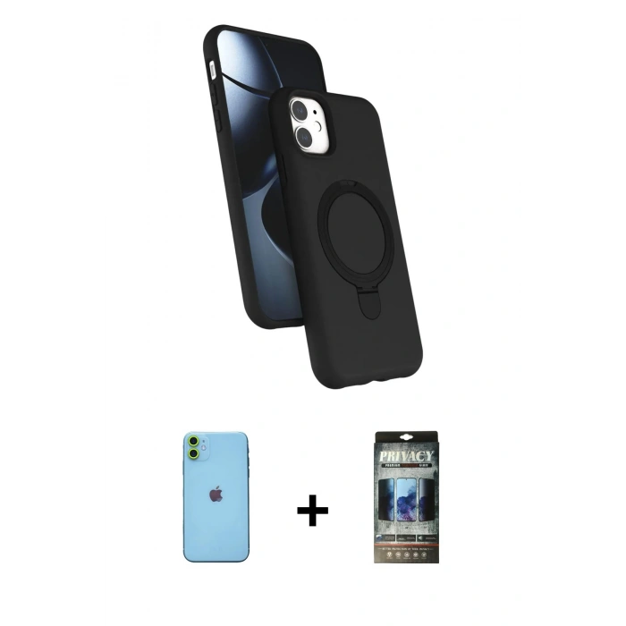 MARSİLYAN™- iPhone 11 Kılıf İz Işık Koleksiyonu - Siyah 34D Hayalet Izgaralı Cam + Neon Fosforlu Kamera Lens - YL