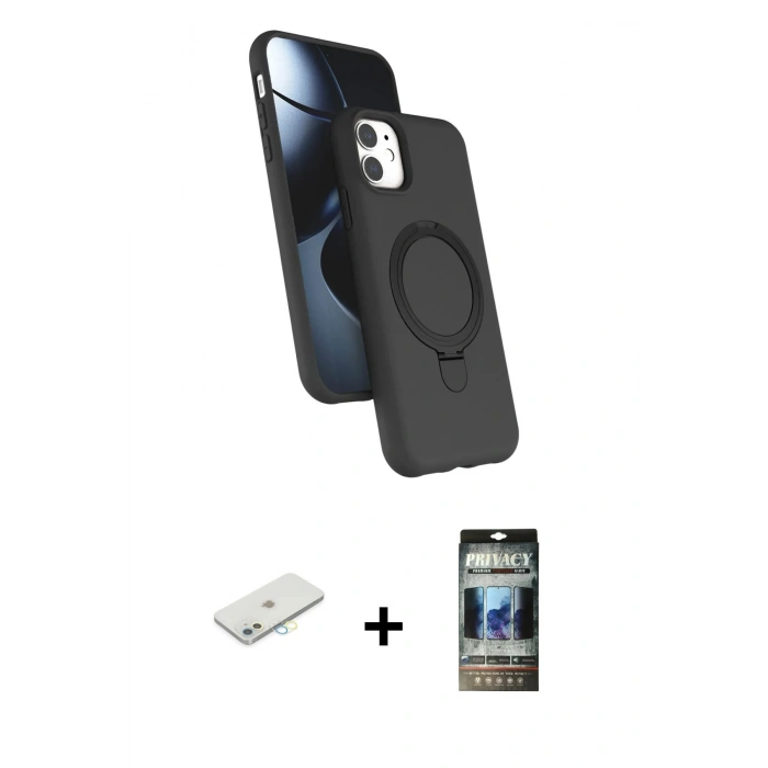 MARSİLYAN™- iPhone 11 Kılıf İz Işık Koleksiyonu - Siyah 34D Hayalet Izgaralı Cam + Renkli Kamera Lens Koruma Cam - SI