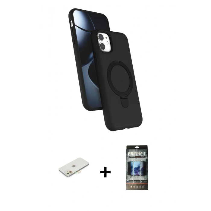 MARSİLYAN™- iPhone 11 Kılıf İz Işık Koleksiyonu - Siyah 34D Hayalet Izgaralı Cam + Renkli Kamera Lens Koruma Cam - TU