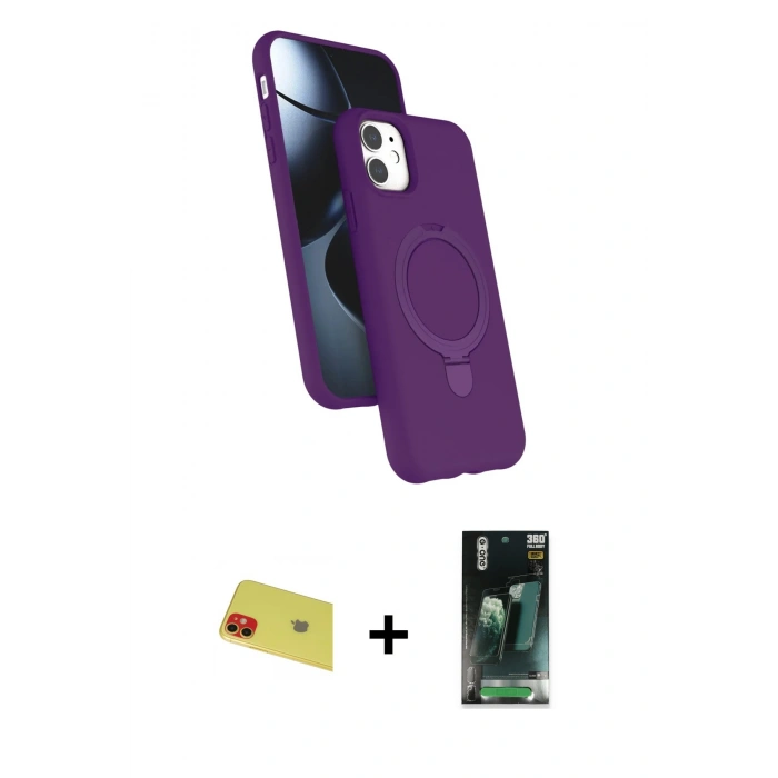 MARSİLYAN™- iPhone 11 Kılıf İz Işık Koleksiyonu - Siyah 360 Mat Full Body Arka Koruyucu + Rainbow Kamera Lens Koruma Cam - KI