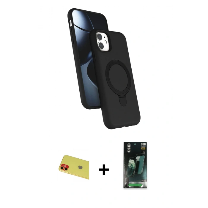 MARSİLYAN™- iPhone 11 Kılıf İz Işık Koleksiyonu - Siyah 360 Mat Full Body Arka Koruyucu + Rainbow Kamera Lens Koruma Cam - KI