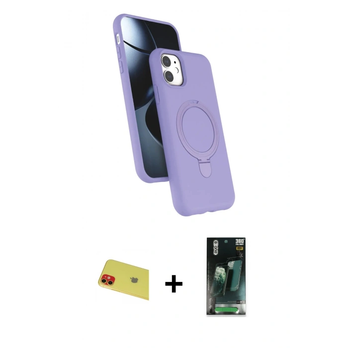 MARSİLYAN™- iPhone 11 Kılıf İz Işık Koleksiyonu - Siyah 360 Mat Full Body Arka Koruyucu + Rainbow Kamera Lens Koruma Cam - KI
