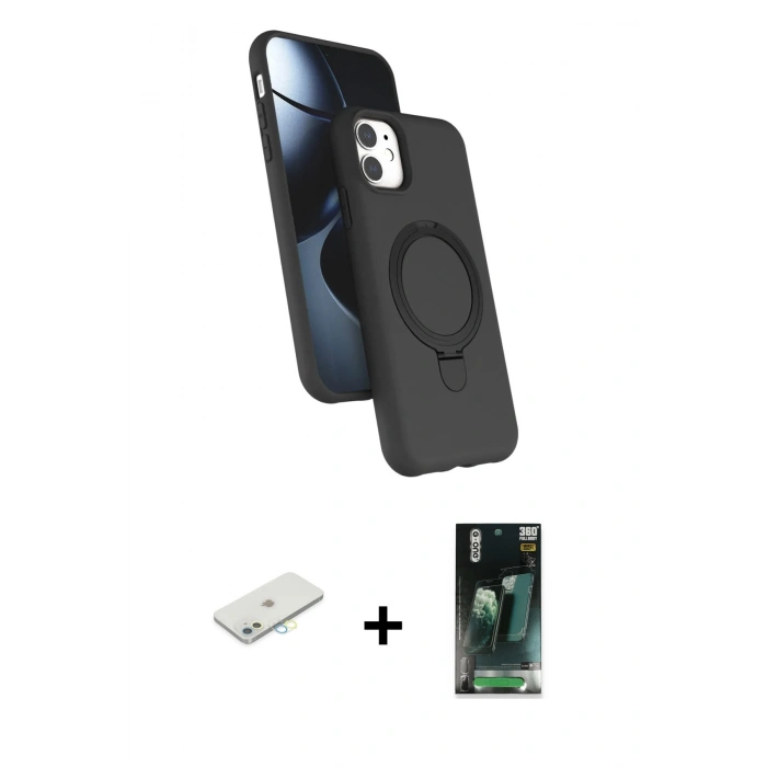 MARSİLYAN™- iPhone 11 Kılıf İz Işık Koleksiyonu - Siyah 360 Mat Full Body Arka Koruyucu + Renkli Kamera Lens Koruma Cam - SI
