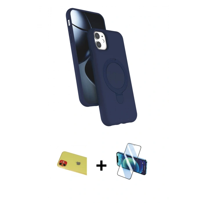 MARSİLYAN™- iPhone 11 Kılıf İz Işık Koleksiyonu - Siyah 3D Antistatik Cam Ekran Koruyucu + Rainbow Kamera Lens Koruma Cam - KI