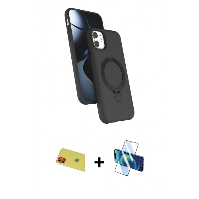 MARSİLYAN™- iPhone 11 Kılıf İz Işık Koleksiyonu - Siyah 3D Antistatik Cam Ekran Koruyucu + Rainbow Kamera Lens Koruma Cam - KI