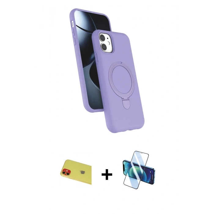 MARSİLYAN™- iPhone 11 Kılıf İz Işık Koleksiyonu - Siyah 3D Antistatik Cam Ekran Koruyucu + Rainbow Kamera Lens Koruma Cam - KI