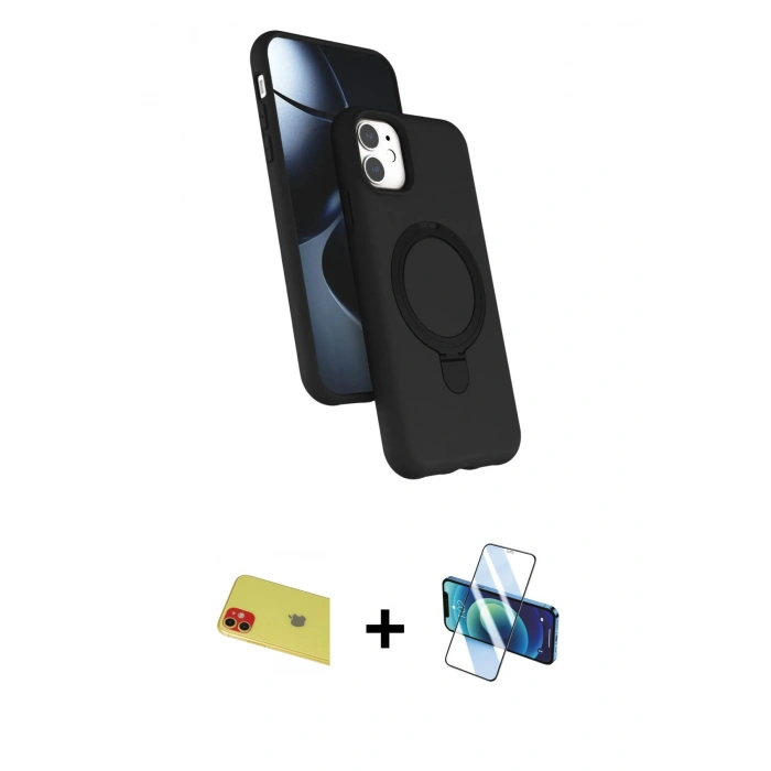 MARSİLYAN™- iPhone 11 Kılıf İz Işık Koleksiyonu - Siyah 3D Antistatik Cam Ekran Koruyucu + Rainbow Kamera Lens Koruma Cam - KI