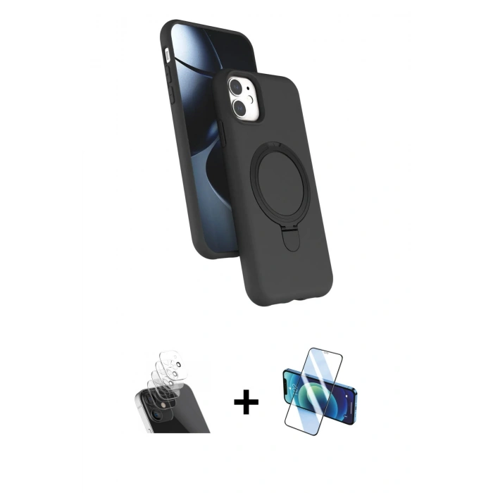 MARSİLYAN™- iPhone 11 Kılıf İz Işık Koleksiyonu - Siyah 3D Antistatik Cam Ekran Koruyucu + Kamera Lens Koruma Cam - SF