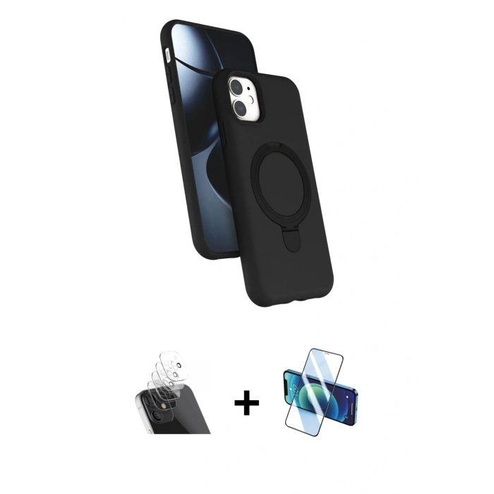MARSİLYAN™- iPhone 11 Kılıf İz Işık Koleksiyonu - Siyah 3D Antistatik Cam Ekran Koruyucu + Kamera Lens Koruma Cam - SF