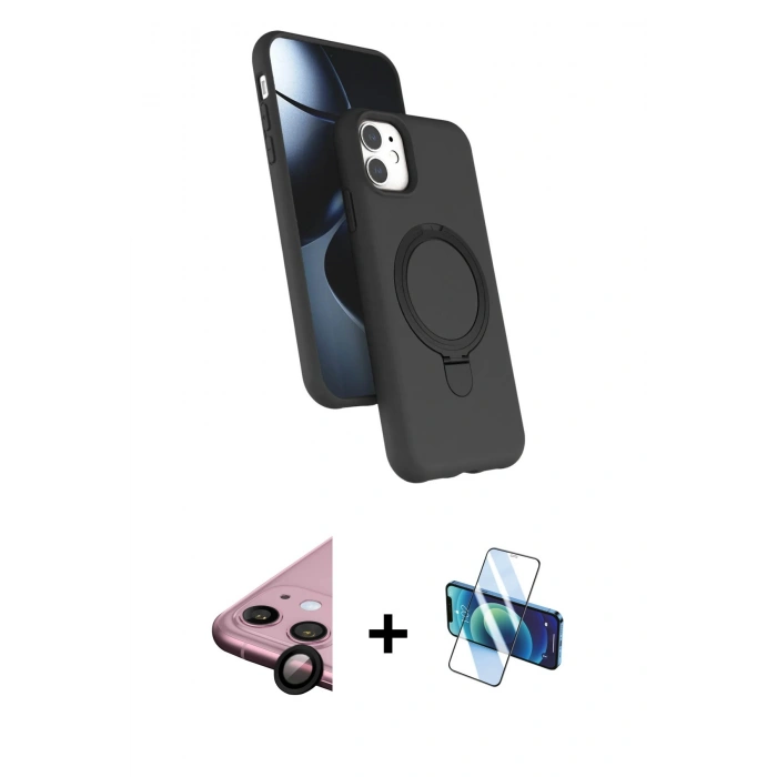 MARSİLYAN™- iPhone 11 Kılıf İz Işık Koleksiyonu - Siyah 3D Antistatik Cam Ekran Koruyucu + Raze Metal Kamera Lens - SH