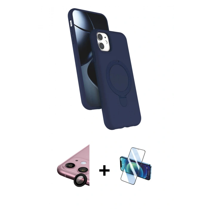 MARSİLYAN™- iPhone 11 Kılıf İz Işık Koleksiyonu - Siyah 3D Antistatik Cam Ekran Koruyucu + Raze Metal Kamera Lens - SH
