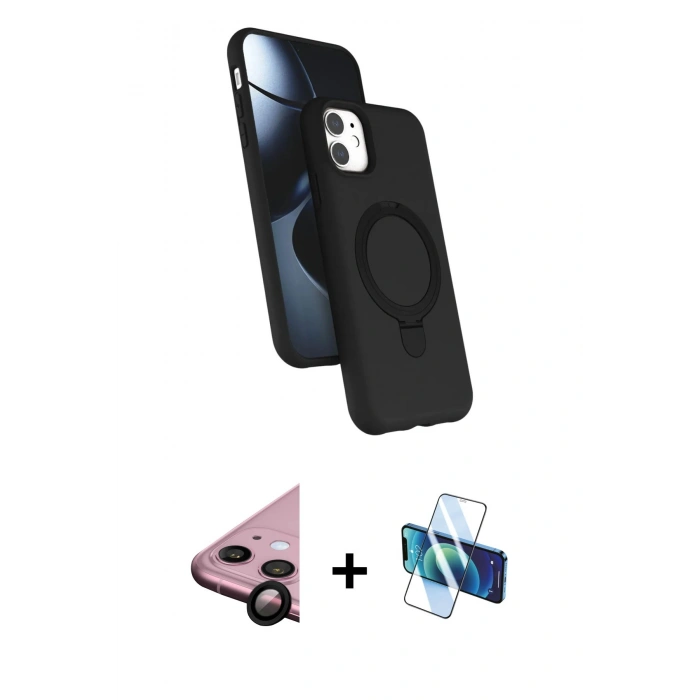 MARSİLYAN™- iPhone 11 Kılıf İz Işık Koleksiyonu - Siyah 3D Antistatik Cam Ekran Koruyucu + Raze Metal Kamera Lens - SH
