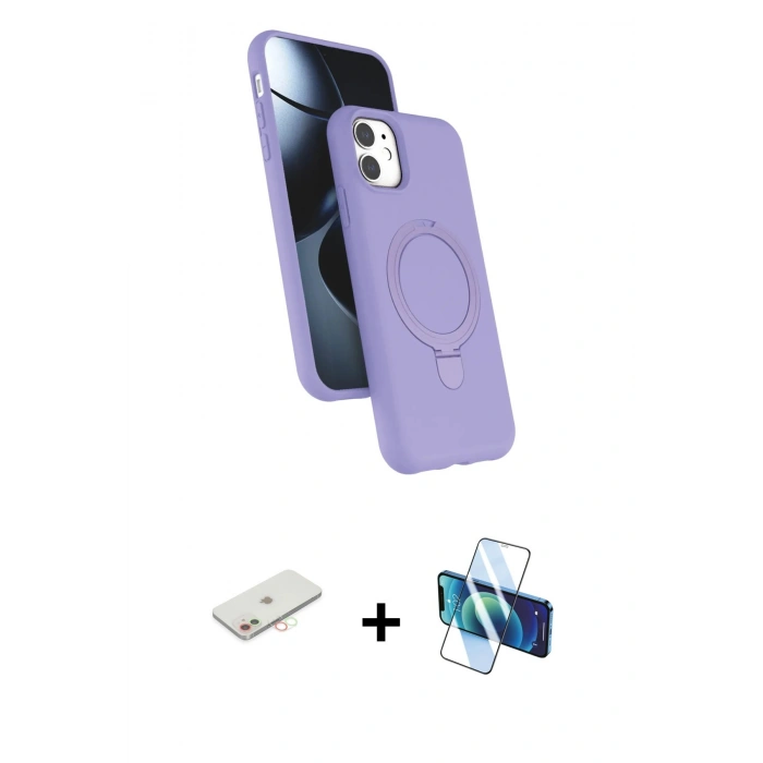 MARSİLYAN™- iPhone 11 Kılıf İz Işık Koleksiyonu - Siyah 3D Antistatik Cam Ekran Koruyucu + Renkli Kamera Lens Koruma Cam - YL