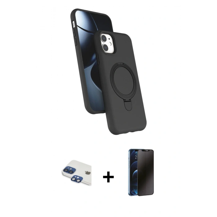 MARSİLYAN™- iPhone 11 Kılıf İz Işık Koleksiyonu - Siyah 3D Antistatik Hayalet Cam Ekran Koruyucu + Pers Alüminyum Kamera Lens - LT
