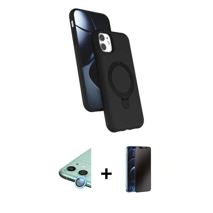 MARSİLYAN™- iPhone 11 Kılıf İz Işık Koleksiyonu - Siyah 3D Antistatik Hayalet Cam Ekran Koruyucu + Raze Metal Kamera Lens - MI