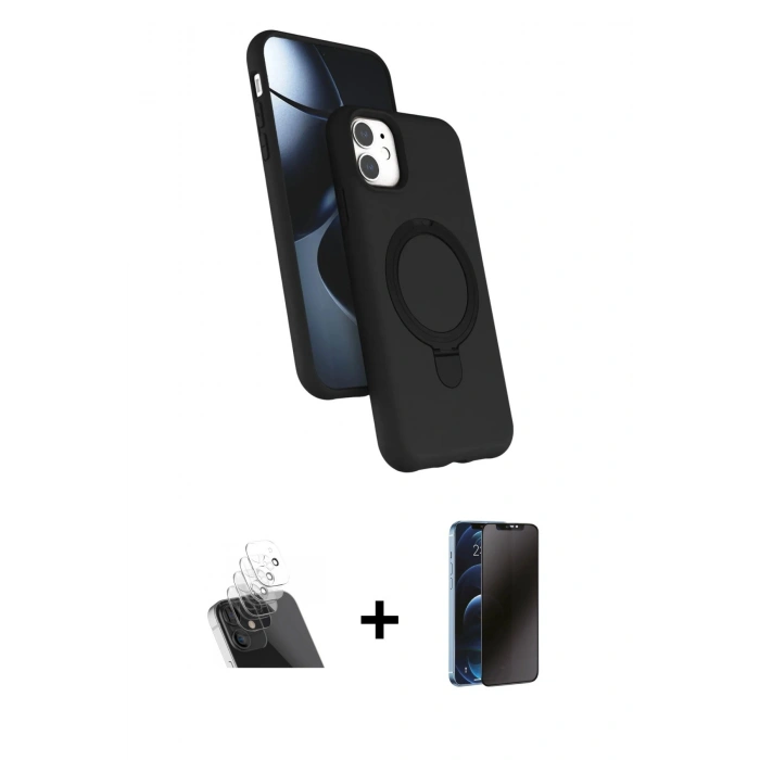 MARSİLYAN™- iPhone 11 Kılıf İz Işık Koleksiyonu - Siyah 3D Antistatik Hayalet Cam Ekran Koruyucu + Kamera Lens Koruma Cam - SF