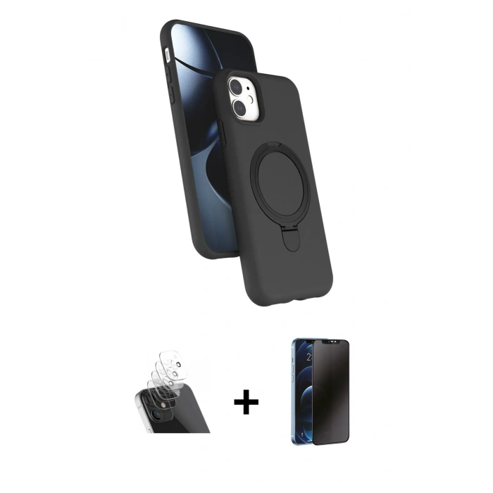 MARSİLYAN™- iPhone 11 Kılıf İz Işık Koleksiyonu - Siyah 3D Antistatik Hayalet Cam Ekran Koruyucu + Kamera Lens Koruma Cam - SF