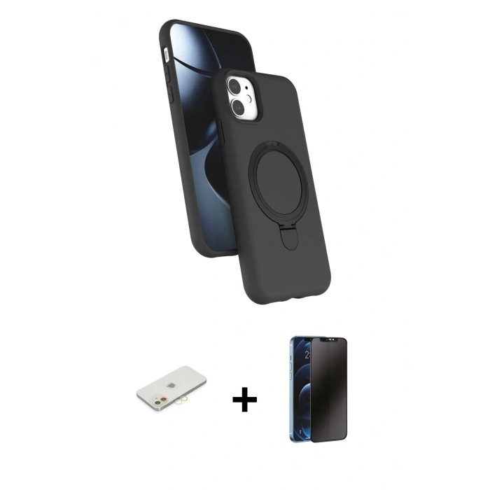 MARSİLYAN™- iPhone 11 Kılıf İz Işık Koleksiyonu - Siyah 3D Antistatik Hayalet Cam Ekran Koruyucu + Renkli Kamera Lens Koruma Cam - TU