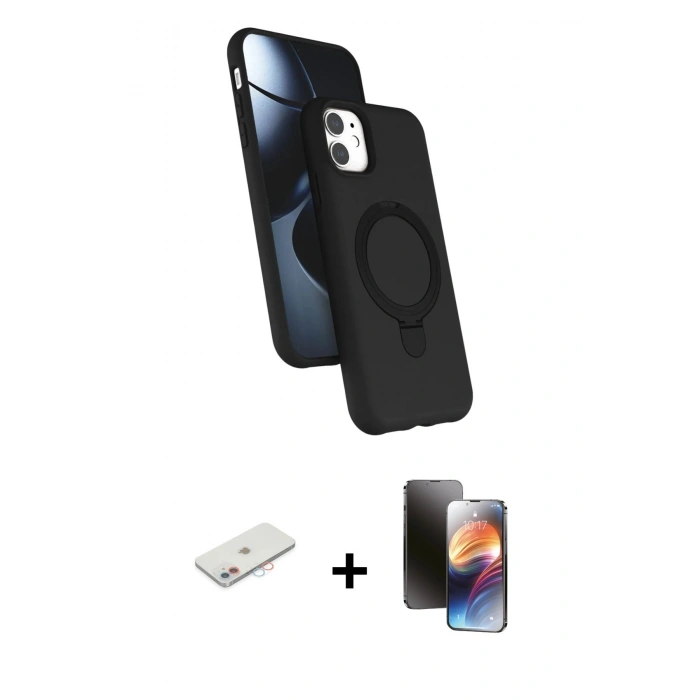 MARSİLYAN™- iPhone 11 Kılıf İz Işık Koleksiyonu - Siyah 3D Antistatik Mat Seramik Nano Ekran Koruyucu + Renkli Kamera Lens Koruma Cam - PE