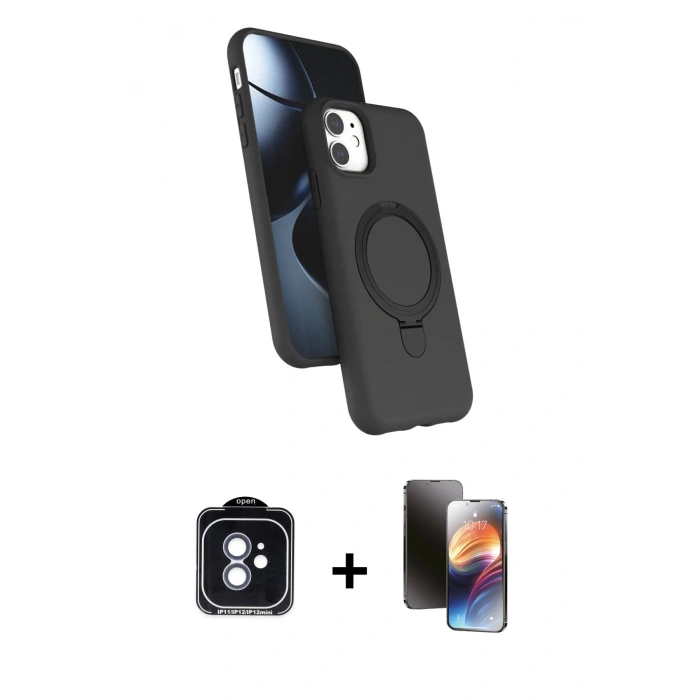 MARSİLYAN™- iPhone 11 Kılıf İz Işık Koleksiyonu - Siyah 3D Antistatik Mat Seramik Nano Ekran Koruyucu + PVD Metal Kamera Lens - MI
