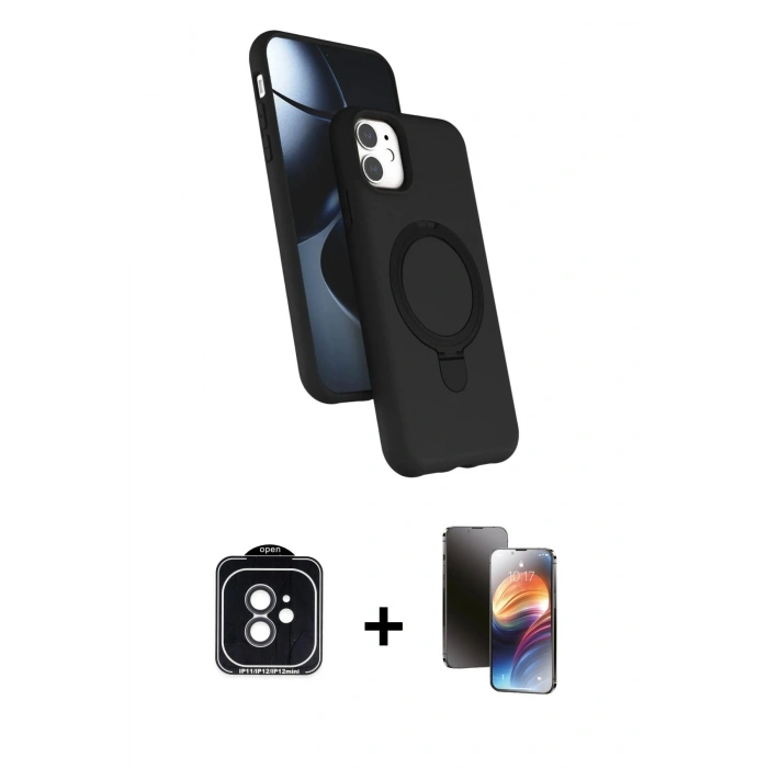 MARSİLYAN™- iPhone 11 Kılıf İz Işık Koleksiyonu - Siyah 3D Antistatik Mat Seramik Nano Ekran Koruyucu + PVD Metal Kamera Lens - SH