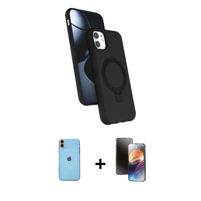 MARSİLYAN™- iPhone 11 Kılıf İz Işık Koleksiyonu - Siyah 3D Antistatik Mat Seramik Nano Ekran Koruyucu + Neon Fosforlu Kamera Lens - TU