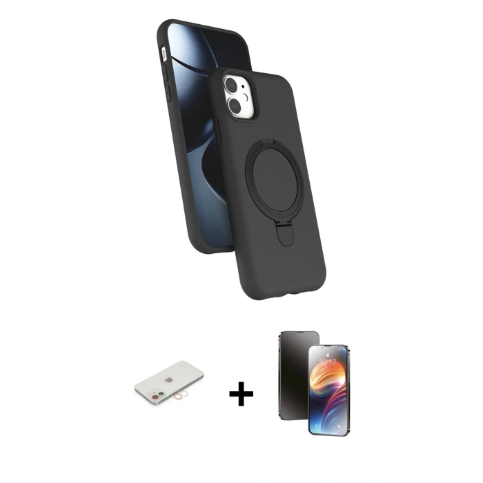 MARSİLYAN™- iPhone 11 Kılıf İz Işık Koleksiyonu - Siyah 3D Antistatik Mat Seramik Nano Ekran Koruyucu + Renkli Kamera Lens Koruma Cam - YL