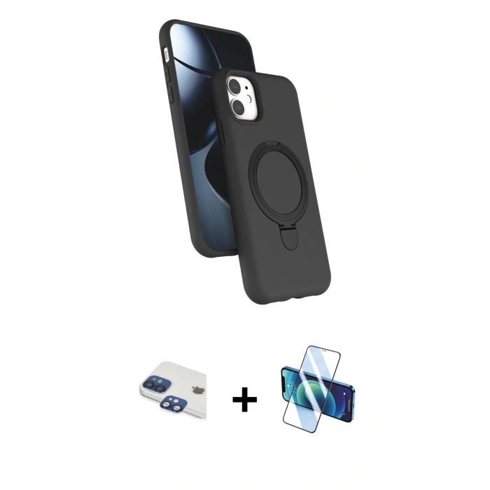 MARSİLYAN™- iPhone 11 Kılıf İz Işık Koleksiyonu - Siyah 3D Antistatik Seramik Nano Ekran Koruyucu + Lacivert Pers Alüminyum Kamera Lens
