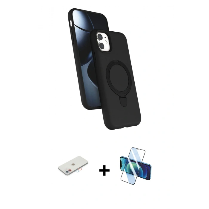 MARSİLYAN™- iPhone 11 Kılıf İz Işık Koleksiyonu - Siyah 3D Antistatik Seramik Nano Ekran Koruyucu + Renkli Kamera Lens Koruma Cam - PE
