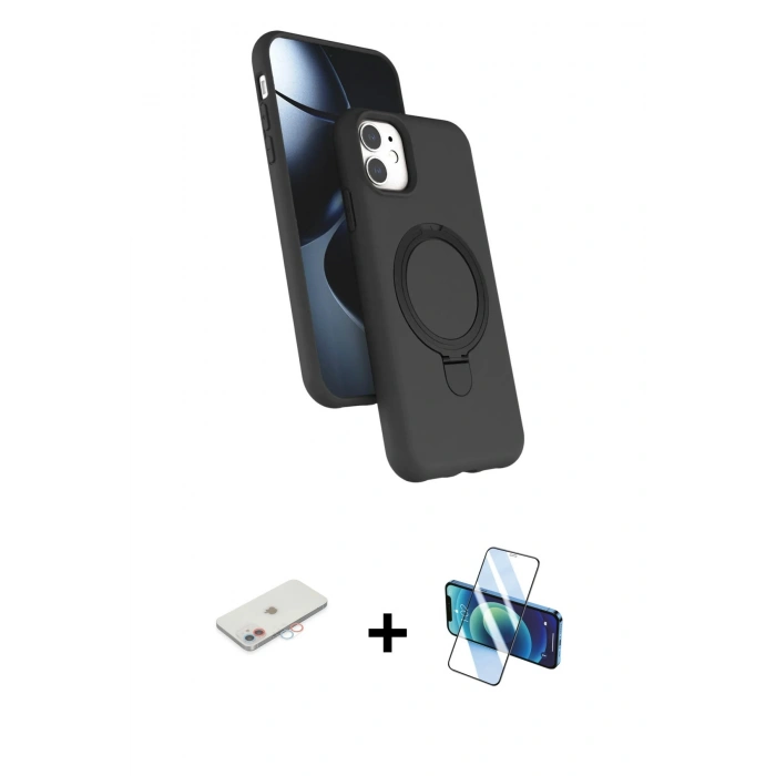 MARSİLYAN™- iPhone 11 Kılıf İz Işık Koleksiyonu - Siyah 3D Antistatik Seramik Nano Ekran Koruyucu + Renkli Kamera Lens Koruma Cam - PE