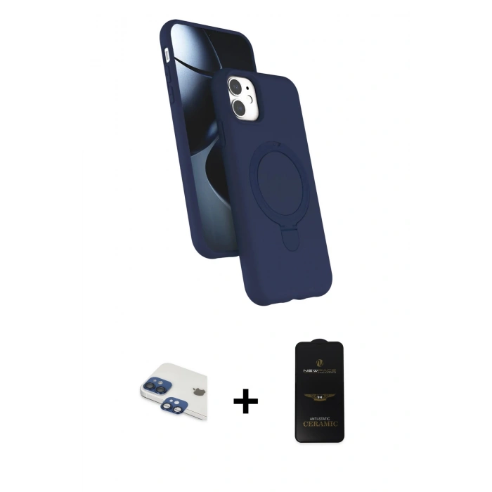 MARSİLYAN™- iPhone 11 Kılıf İz Işık Koleksiyonu - Siyah 6D Antistatik Mat Seramik Hayalet Nano Ekran Koruyucu + Lacivert Pers Alüminyum Kamera Lens
