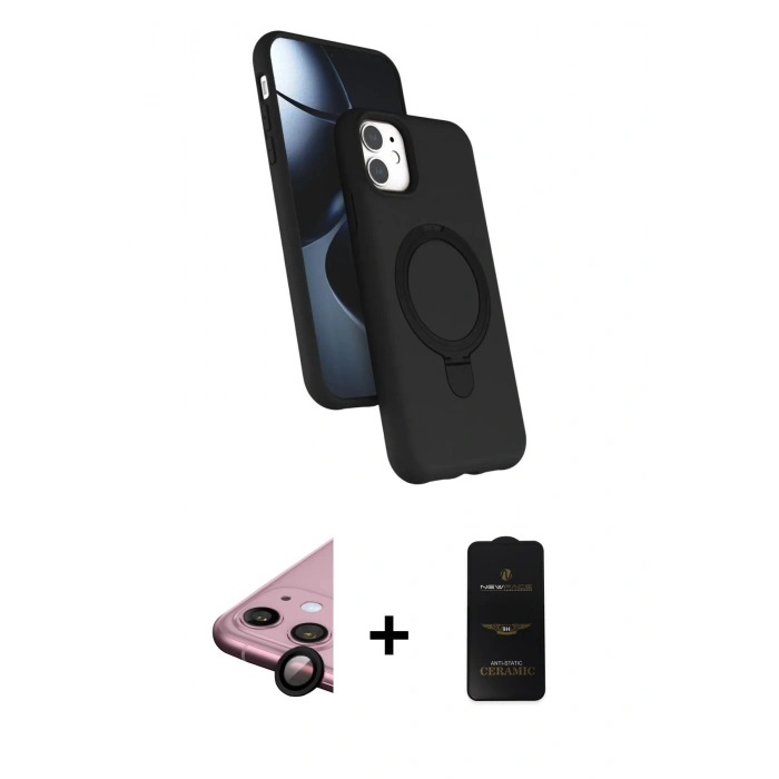 MARSİLYAN™- iPhone 11 Kılıf İz Işık Koleksiyonu - Siyah 6D Antistatik Mat Seramik Hayalet Nano Ekran Koruyucu + Raze Metal Kamera Lens - SH