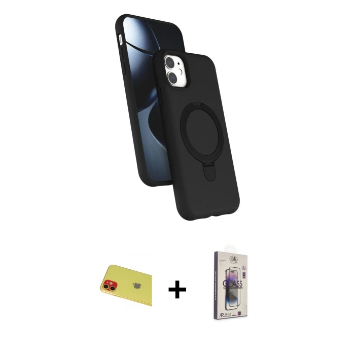 MARSİLYAN™- iPhone 11 Kılıf İz Işık Koleksiyonu - Siyah Bilvis 3D Cam Ekran Koruyucu + Rainbow Kamera Lens Koruma Cam - KI