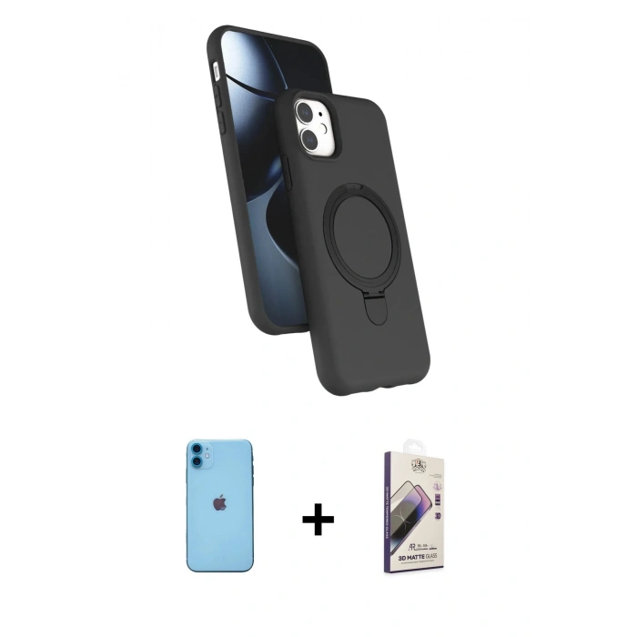 MARSİLYAN™- iPhone 11 Kılıf İz Işık Koleksiyonu - Siyah Bilvis 3D Mat Cam Ekran Koruyucu + Neon Fosforlu Kamera Lens - MI