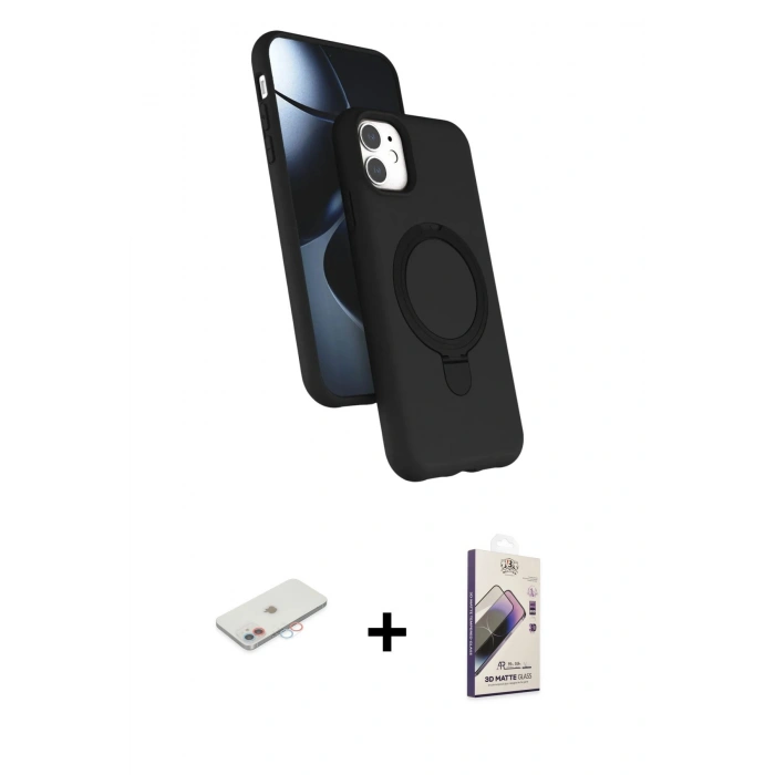 MARSİLYAN™- iPhone 11 Kılıf İz Işık Koleksiyonu - Siyah Bilvis 3D Mat Cam Ekran Koruyucu + Renkli Kamera Lens Koruma Cam - PE