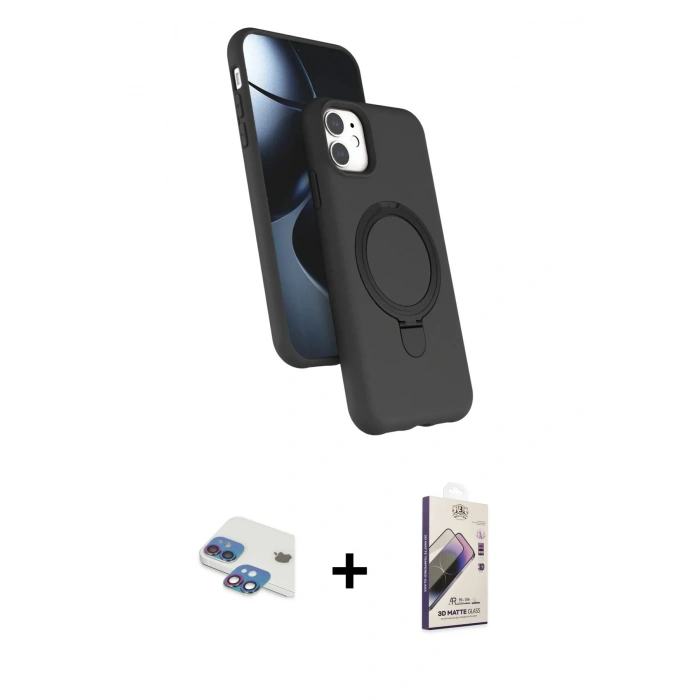 MARSİLYAN™- iPhone 11 Kılıf İz Işık Koleksiyonu - Siyah Bilvis 3D Mat Cam Ekran Koruyucu + Pers Alüminyum Kamera Lens - GI
